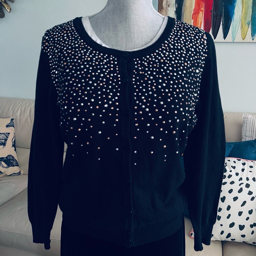 Top Knits Cardigan Sweater Size L Black with silver & gold stud detail
